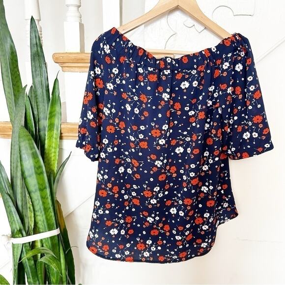 MICHAEL Michael Kors Off the Shoulder Top Blue Red Floral Puff Sleeve Crepe XS - Picture 4 of 6